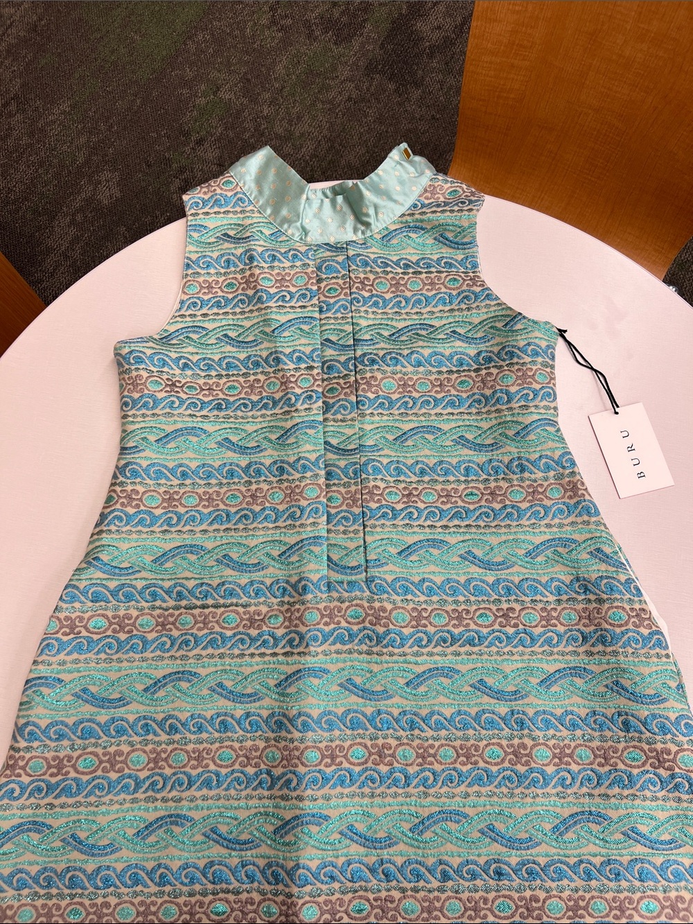 NEW Buru slim swing dress knee length aqua brocade sparkly sleeveless blue gray - Picture 2 of 11